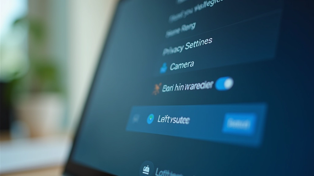 Computer settings menu showing privacy and security options with camera and microphone permissions toggle switches