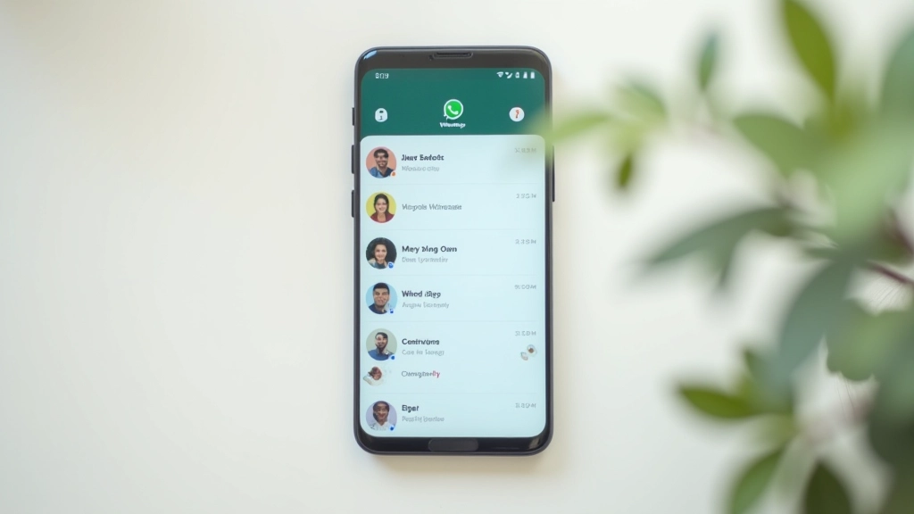 Smartphone screen displaying WhatsApp contact list with profile pictures, names, and last message previews organized in chronological order