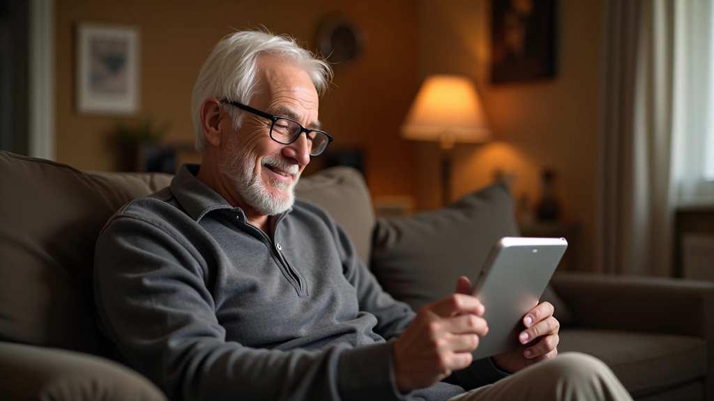 Senior person smiling during WhatsApp video call on tablet computer with family member visible on screen during conversation