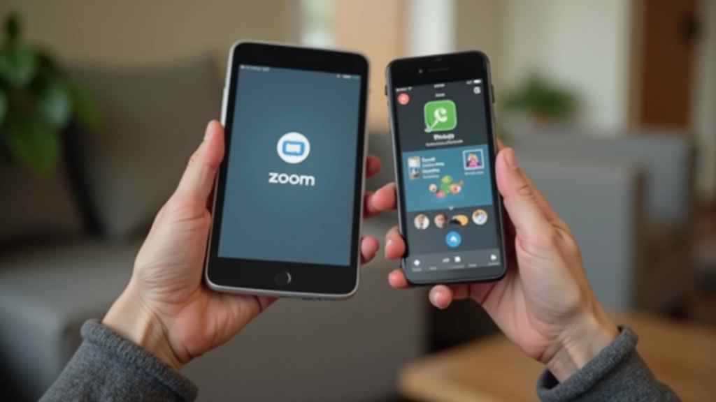 Hands holding smartphone and tablet showing Zoom app interface with video call features