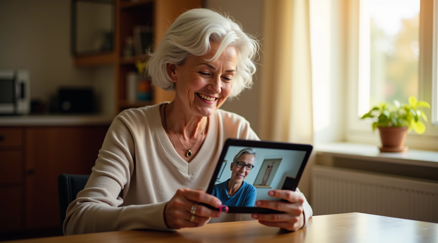 Older adult learning video calls on tablet with clear instructions displayed