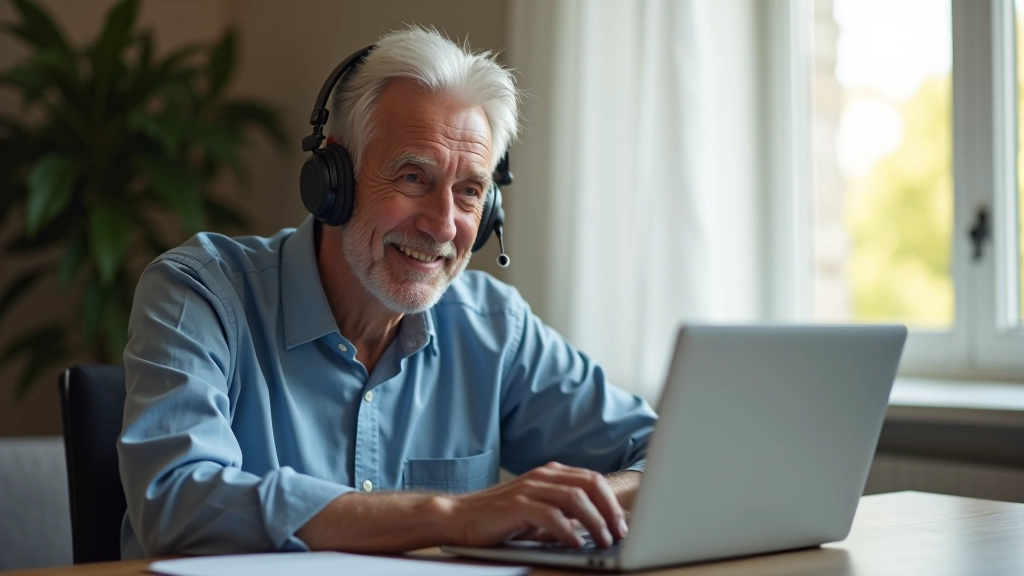 Older adult wearing headphones during video call on computer