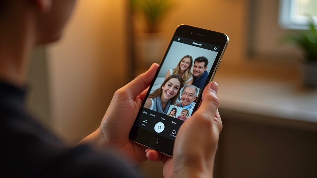 Smartphone displaying photo gallery interface with multiple family photos selected for sharing through WhatsApp messaging application