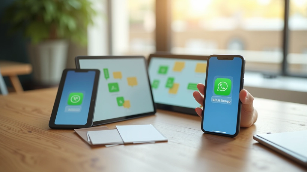 Tablet and smartphone displaying messaging app interfaces side by side, clean modern tech setup, natural daylight