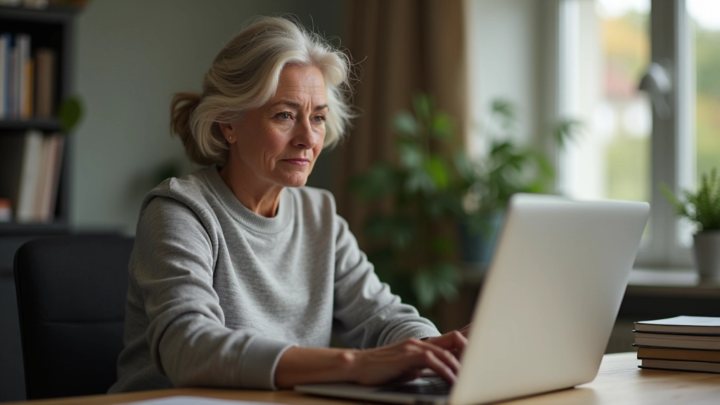 Woman looking at laptop screen during a video call test, checking her own video feed and audio levels